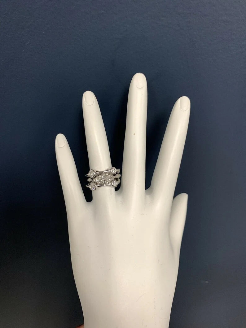 White Gold 1.63 Carat Natural Colorless Marquise & Round Diamond Stack Ring Set