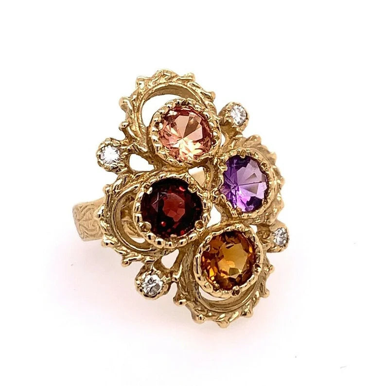 Gold 3.25 Carat Natural Diamond Multi Color Gemstone Cocktail Ring Circa 1980