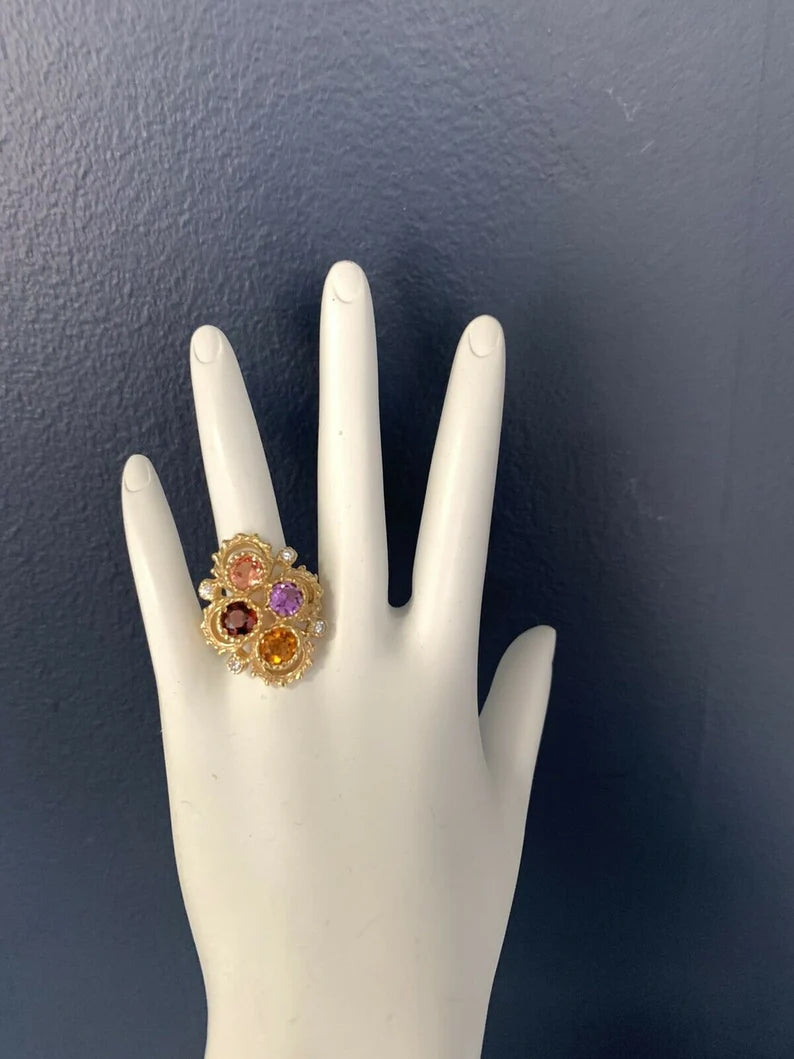 Gold 3.25 Carat Natural Diamond Multi Color Gemstone Cocktail Ring Circa 1980