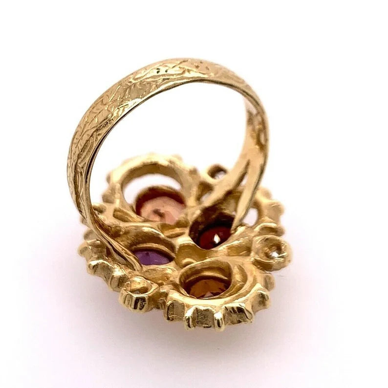 Gold 3.25 Carat Natural Diamond Multi Color Gemstone Cocktail Ring Circa 1980