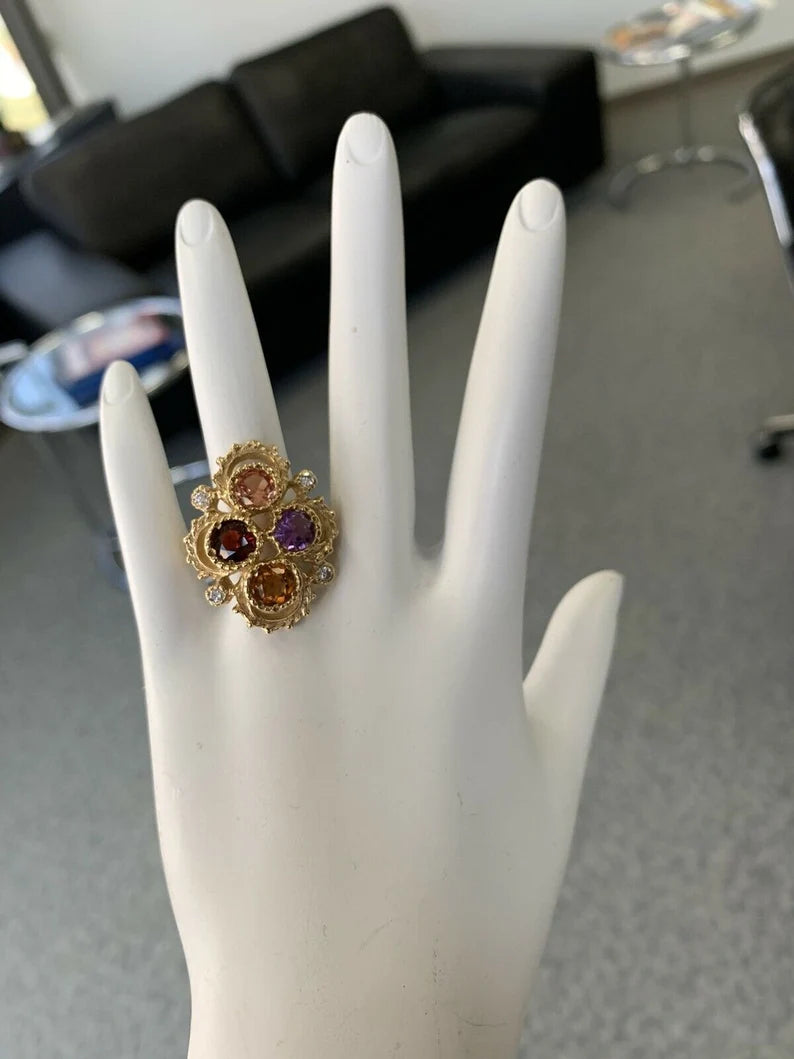 Gold 3.25 Carat Natural Diamond Multi Color Gemstone Cocktail Ring Circa 1980