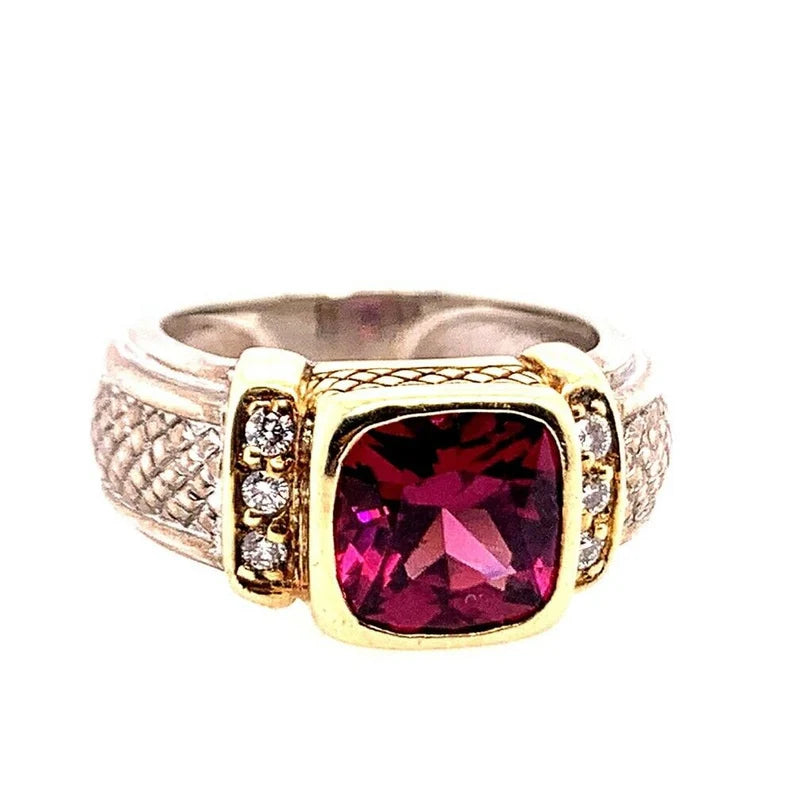 Judith Ripka Natural Diamond and 8mm Cushion Grape Garnet Cocktail Estate Ring
