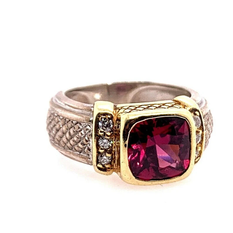 Judith Ripka Natural Diamond and 8mm Cushion Grape Garnet Cocktail Estate Ring