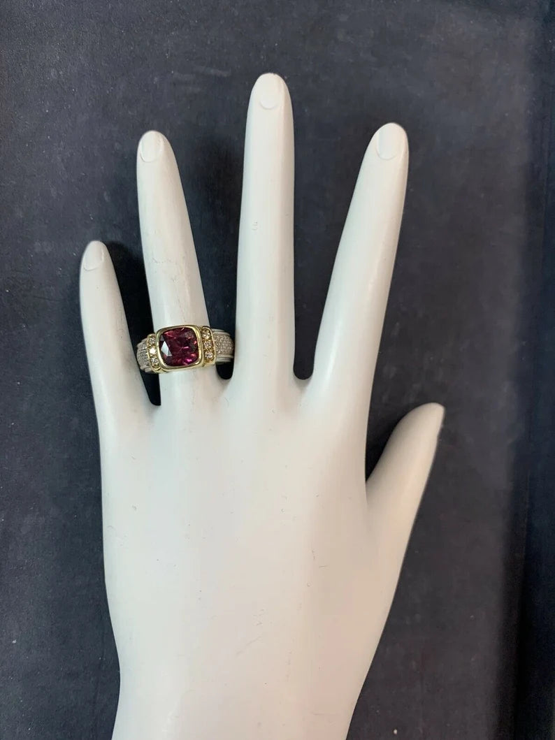 Judith Ripka Natural Diamond and 8mm Cushion Grape Garnet Cocktail Estate Ring