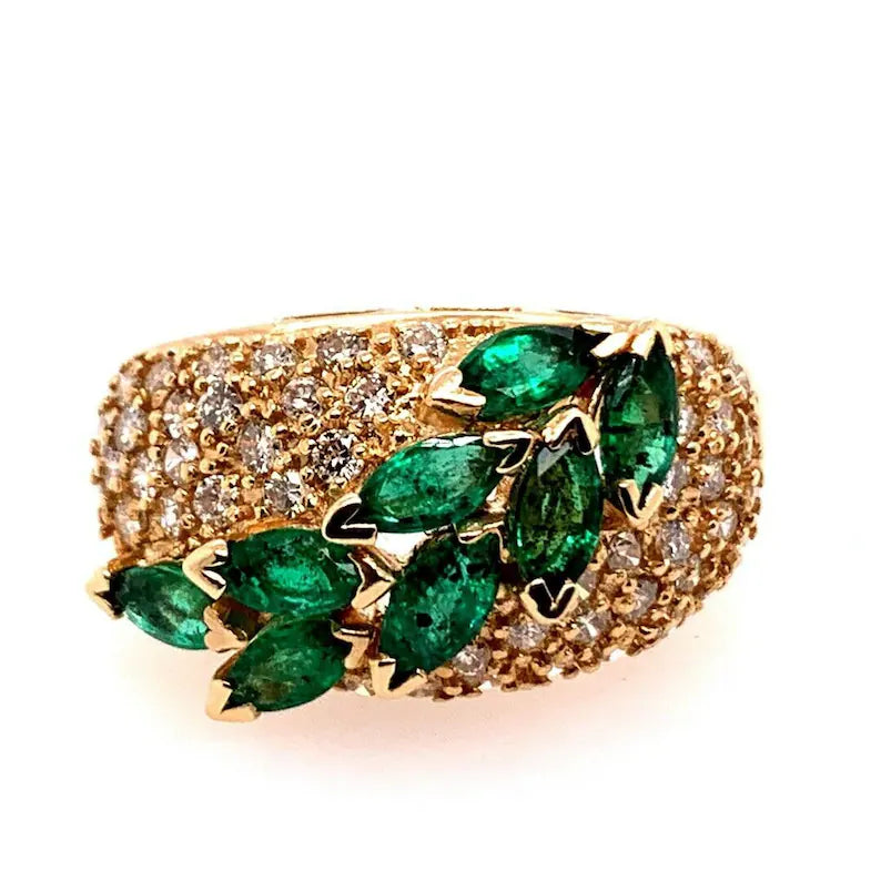 Retro Gold Cocktail Ring 1.8 Carat Natural Marquise Emerald & Diamond Circa 1960