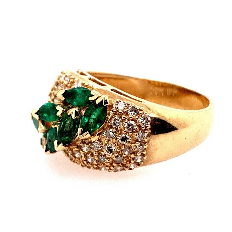 Retro Gold Cocktail Ring 1.8 Carat Natural Marquise Emerald & Diamond Circa 1960