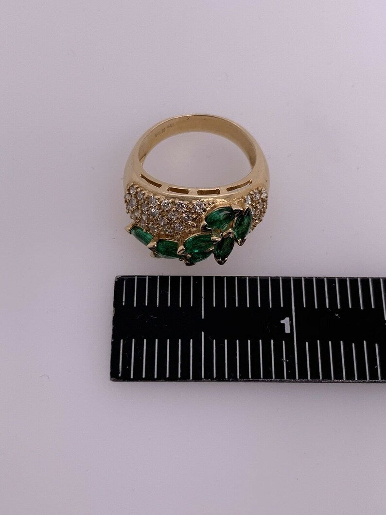 Retro Gold Cocktail Ring 1.8 Carat Natural Marquise Emerald & Diamond Circa 1960