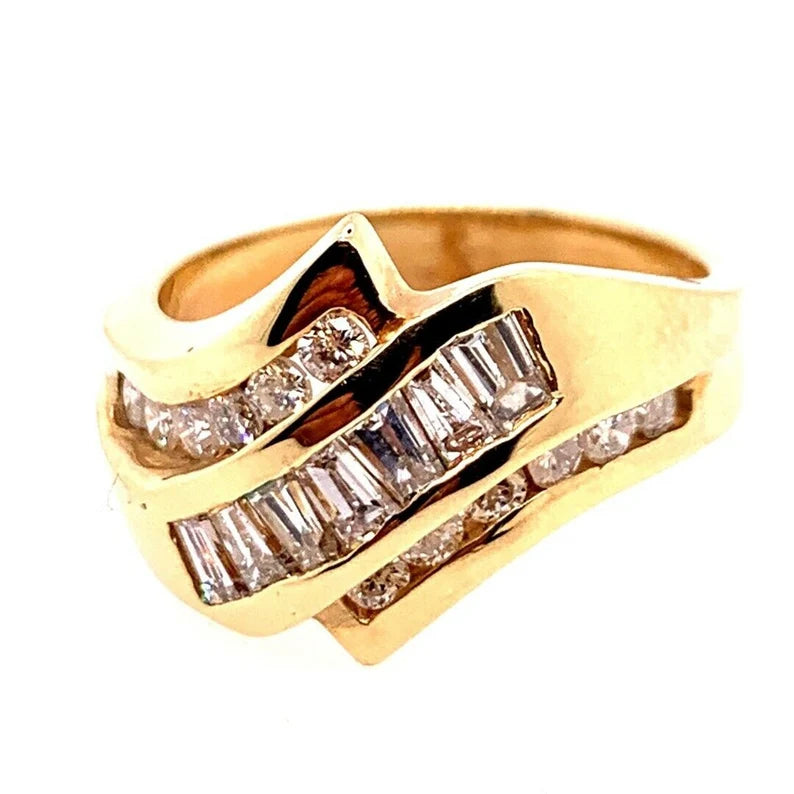 Retro Gold Cocktail 1.25 Carat Natural Diamond Ring Round & Baguette Circa 1960