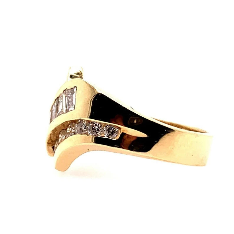 Retro Gold Cocktail 1.25 Carat Natural Diamond Ring Round & Baguette Circa 1960