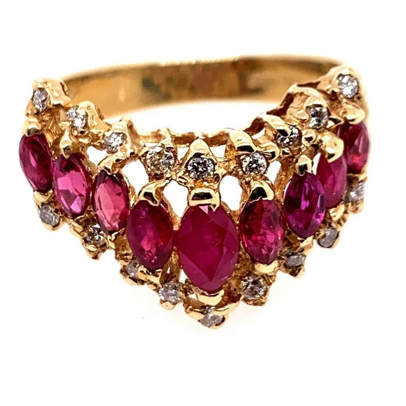 Retro Gold 1.15 Carat Natural Marquise Ruby & Diamond Cocktail Ring Circa 1960