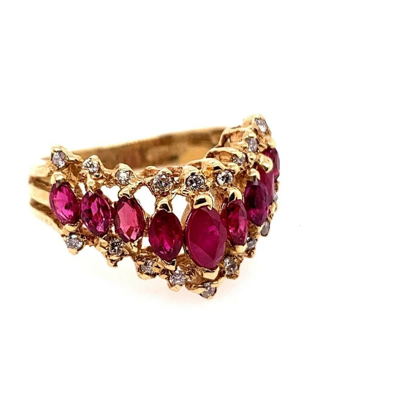 Retro Gold 1.15 Carat Natural Marquise Ruby & Diamond Cocktail Ring Circa 1960
