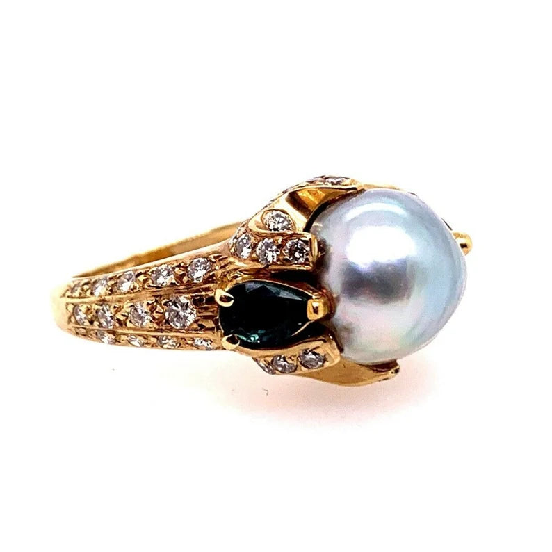 Retro Gold 3 Carat Cocktail Ring Natural Diamonds, Sapphire & Pearl Circa 1960
