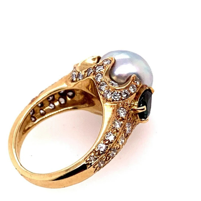 Retro Gold 3 Carat Cocktail Ring Natural Diamonds, Sapphire & Pearl Circa 1960