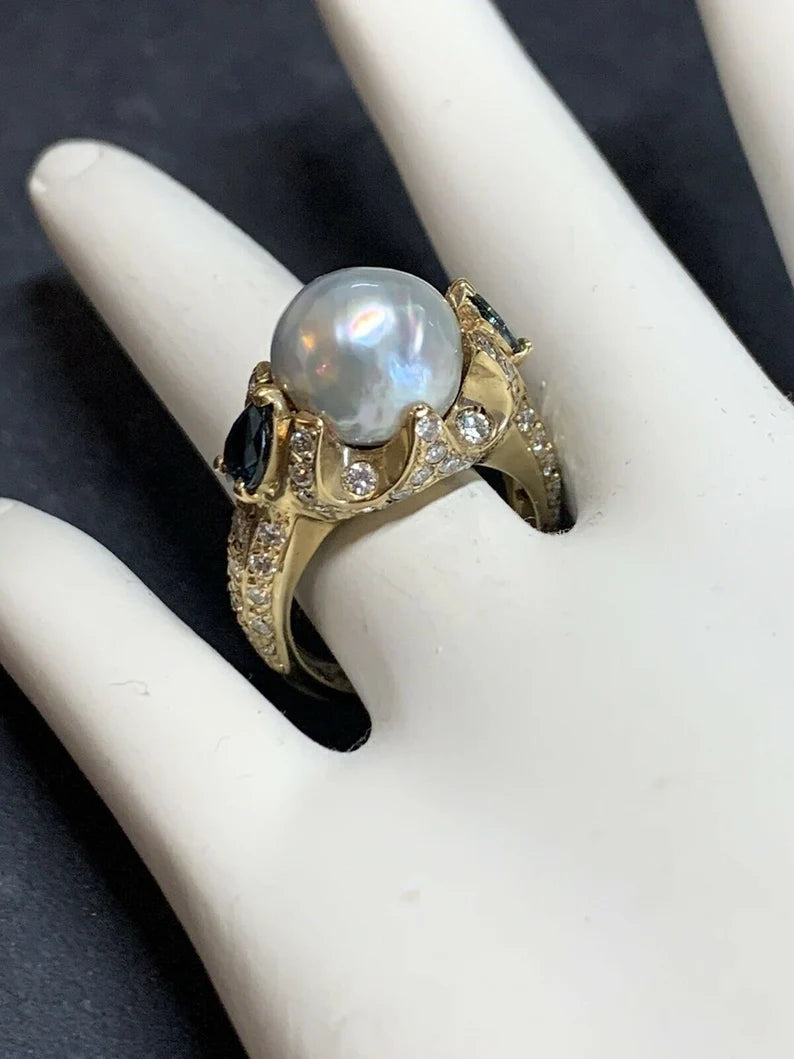 Retro Gold 3 Carat Cocktail Ring Natural Diamonds, Sapphire & Pearl Circa 1960