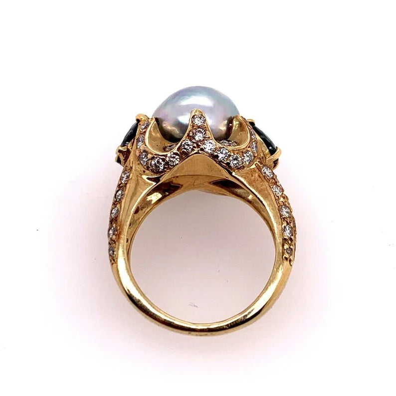 Retro Gold 3 Carat Cocktail Ring Natural Diamonds, Sapphire & Pearl Circa 1960