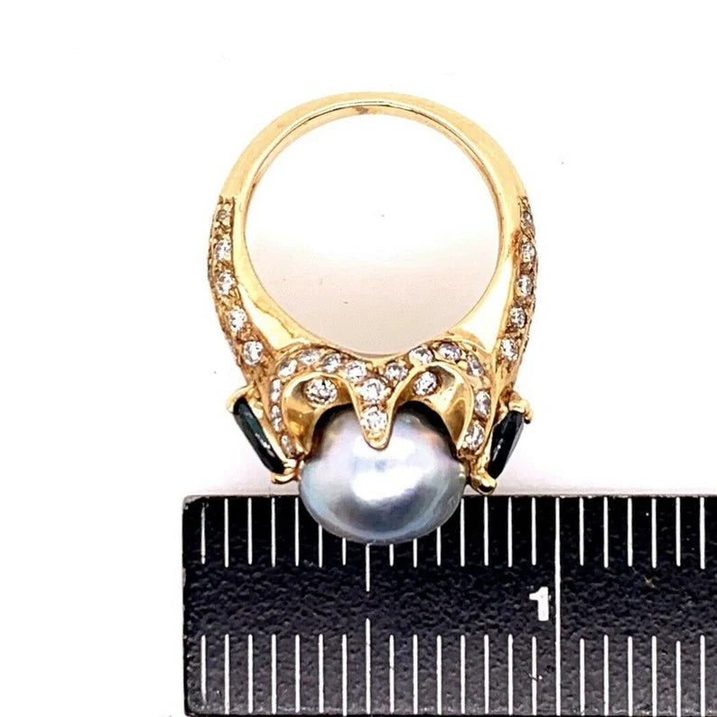 Retro Gold 3 Carat Cocktail Ring Natural Diamonds, Sapphire & Pearl Circa 1960