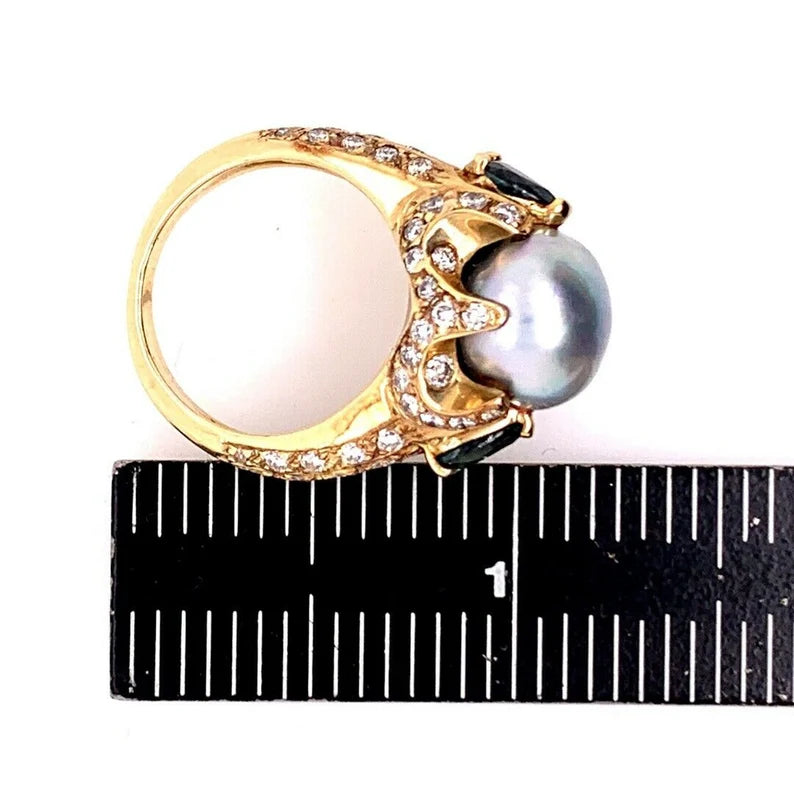 Retro Gold 3 Carat Cocktail Ring Natural Diamonds, Sapphire & Pearl Circa 1960