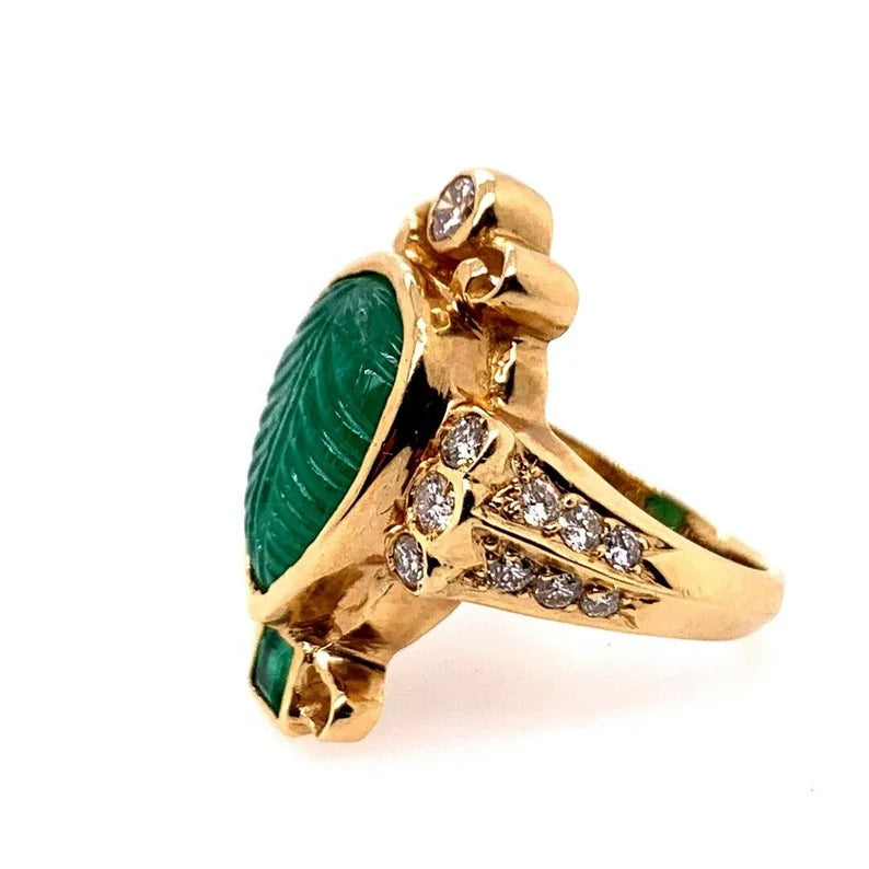 Retro Gold Ring 6 Carat Natural Carved Emerald, Diamond Cocktail Ring Circa 1950