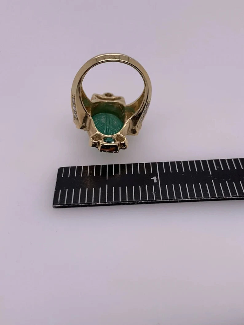 Retro Gold Ring 6 Carat Natural Carved Emerald, Diamond Cocktail Ring Circa 1950
