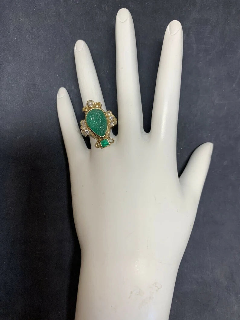 Retro Gold Ring 6 Carat Natural Carved Emerald, Diamond Cocktail Ring Circa 1950