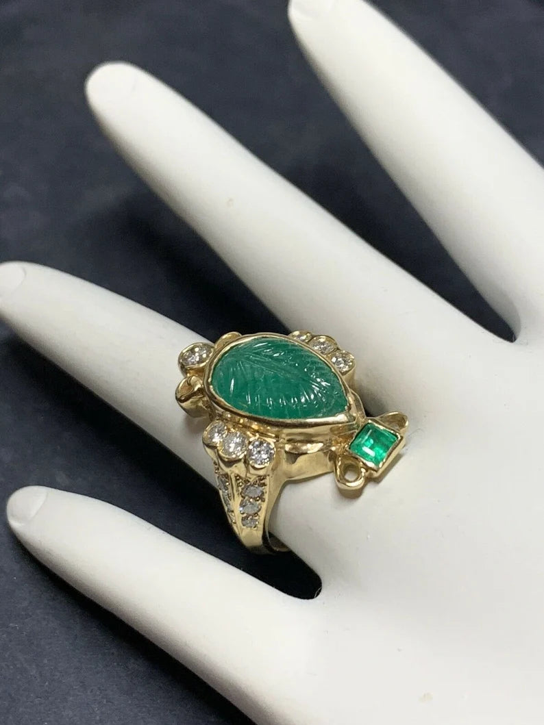 Retro Gold Ring 6 Carat Natural Carved Emerald, Diamond Cocktail Ring Circa 1950