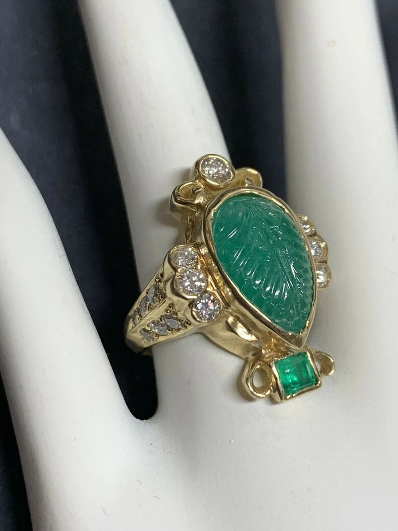 Retro Gold Ring 6 Carat Natural Carved Emerald, Diamond Cocktail Ring Circa 1950