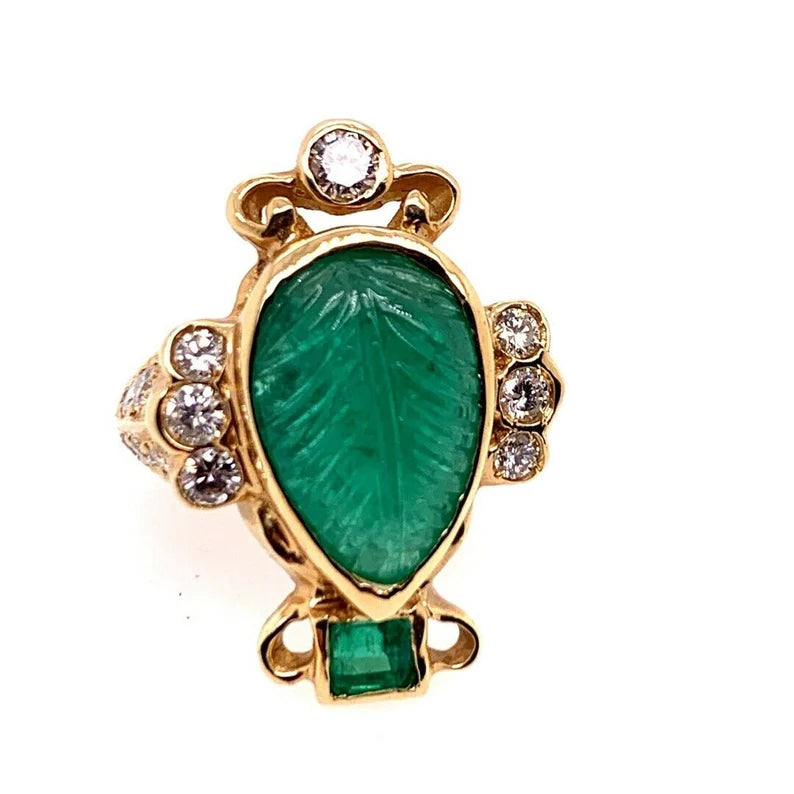 Retro Gold Ring 6 Carat Natural Carved Emerald, Diamond Cocktail Ring Circa 1950