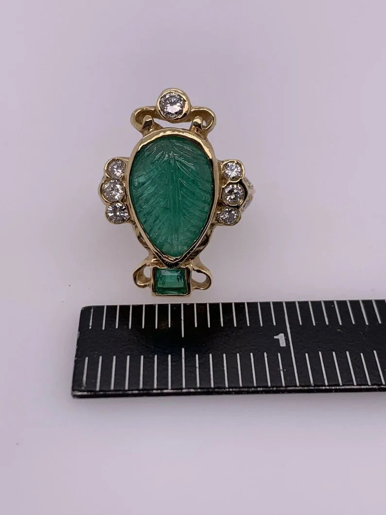 Retro Gold Ring 6 Carat Natural Carved Emerald, Diamond Cocktail Ring Circa 1950