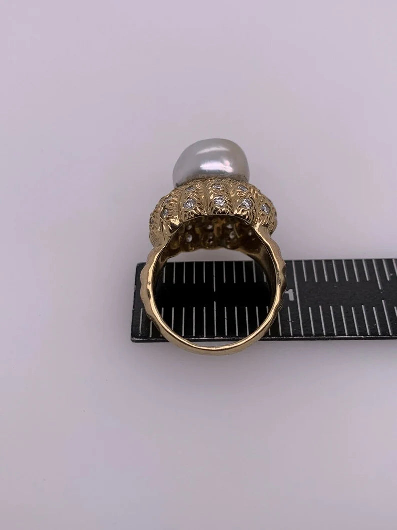 Retro Gold Natural Pearl & 0.81 Carat Colorless Diamond Cocktail Ring Circa 1950