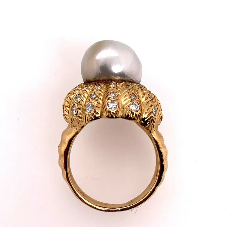 Retro Gold Natural Pearl & 0.81 Carat Colorless Diamond Cocktail Ring Circa 1950