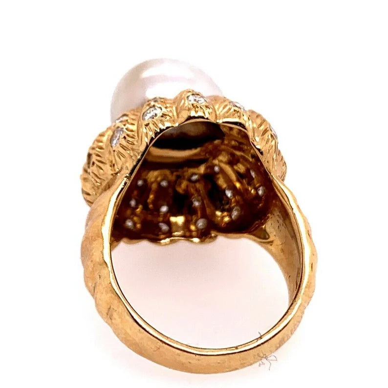Retro Gold Natural Pearl & 0.81 Carat Colorless Diamond Cocktail Ring Circa 1950