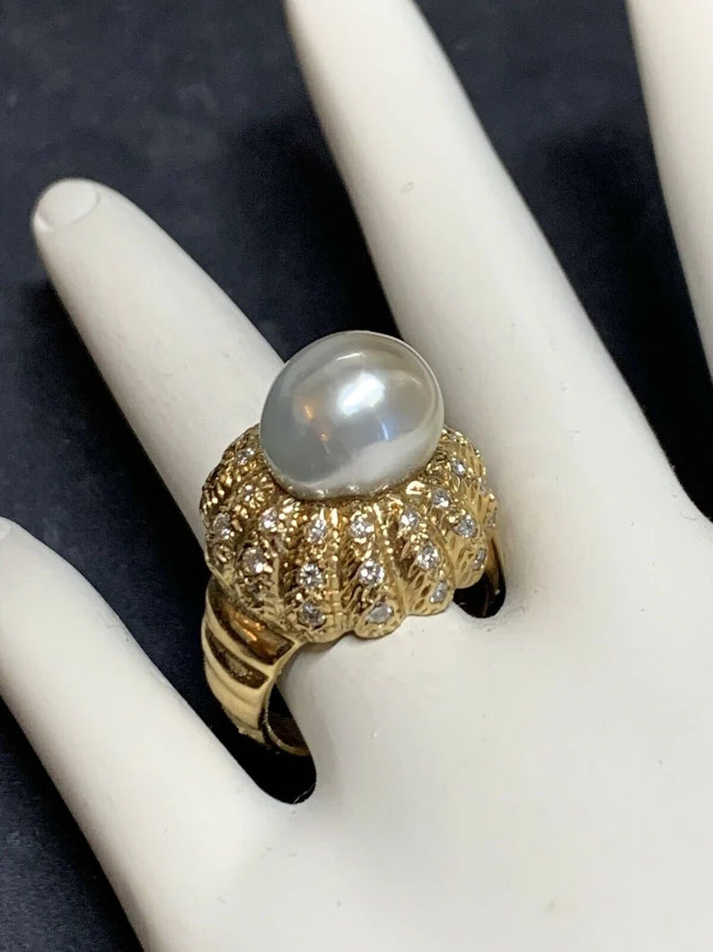 Retro Gold Natural Pearl & 0.81 Carat Colorless Diamond Cocktail Ring Circa 1950