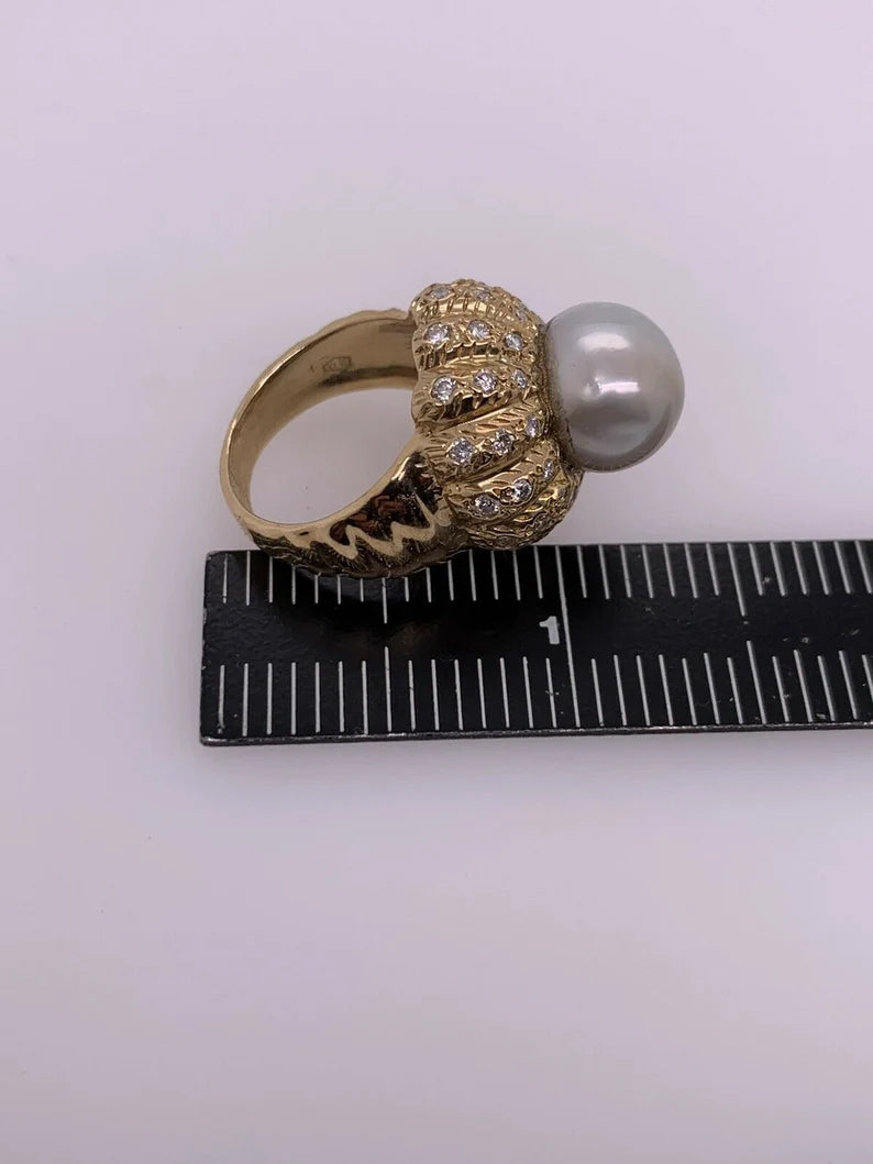 Retro Gold Natural Pearl & 0.81 Carat Colorless Diamond Cocktail Ring Circa 1950