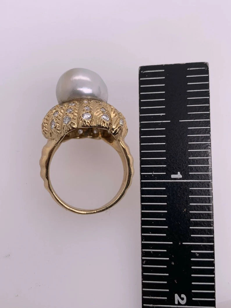 Retro Gold Natural Pearl & 0.81 Carat Colorless Diamond Cocktail Ring Circa 1950