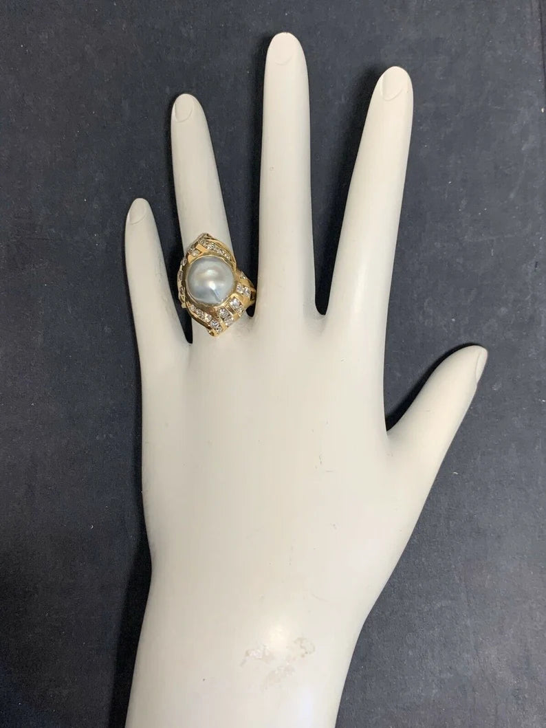 Retro Gold Cocktail Ring 1.38 Carat Natural Colorless Diamond & 11mm Pearl 1950