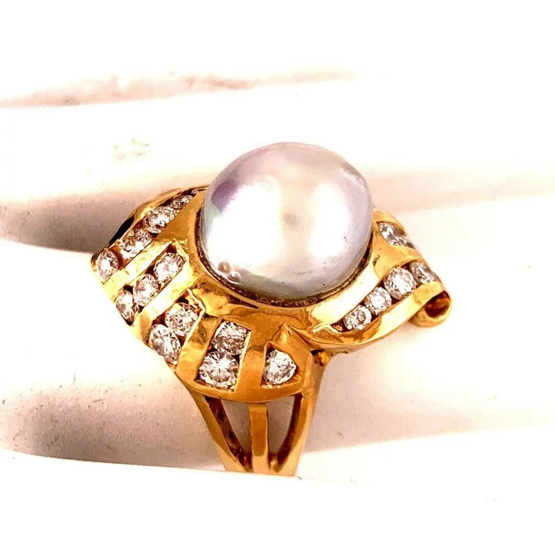 Retro Gold Cocktail Ring 1.38 Carat Natural Colorless Diamond & 11mm Pearl 1950