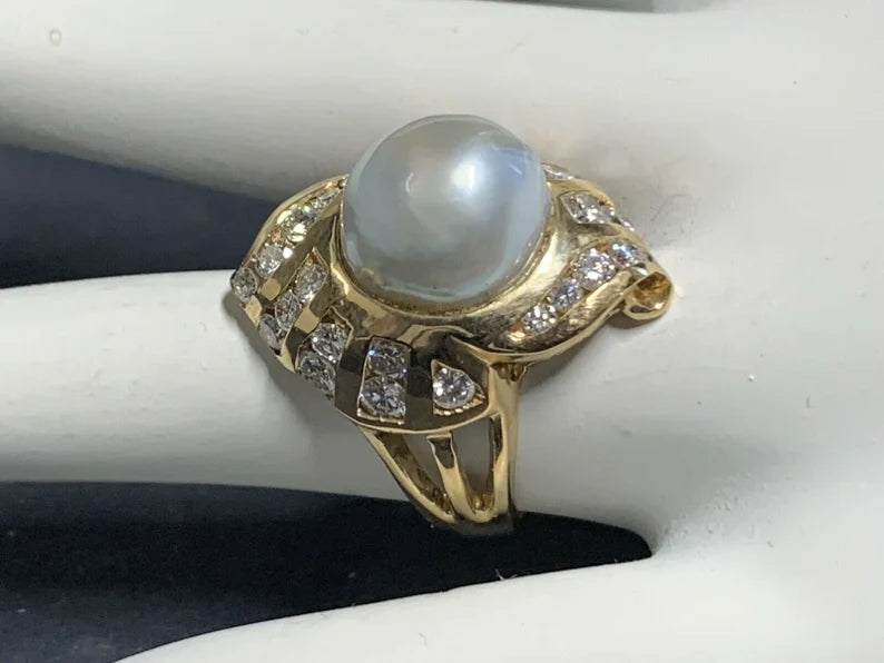 Retro Gold Cocktail Ring 1.38 Carat Natural Colorless Diamond & 11mm Pearl 1950
