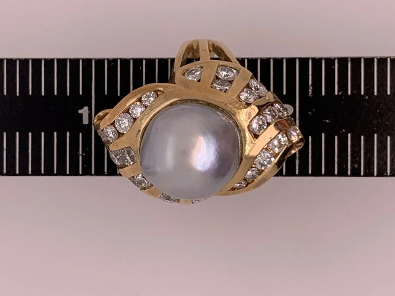 Retro Gold Cocktail Ring 1.38 Carat Natural Colorless Diamond & 11mm Pearl 1950