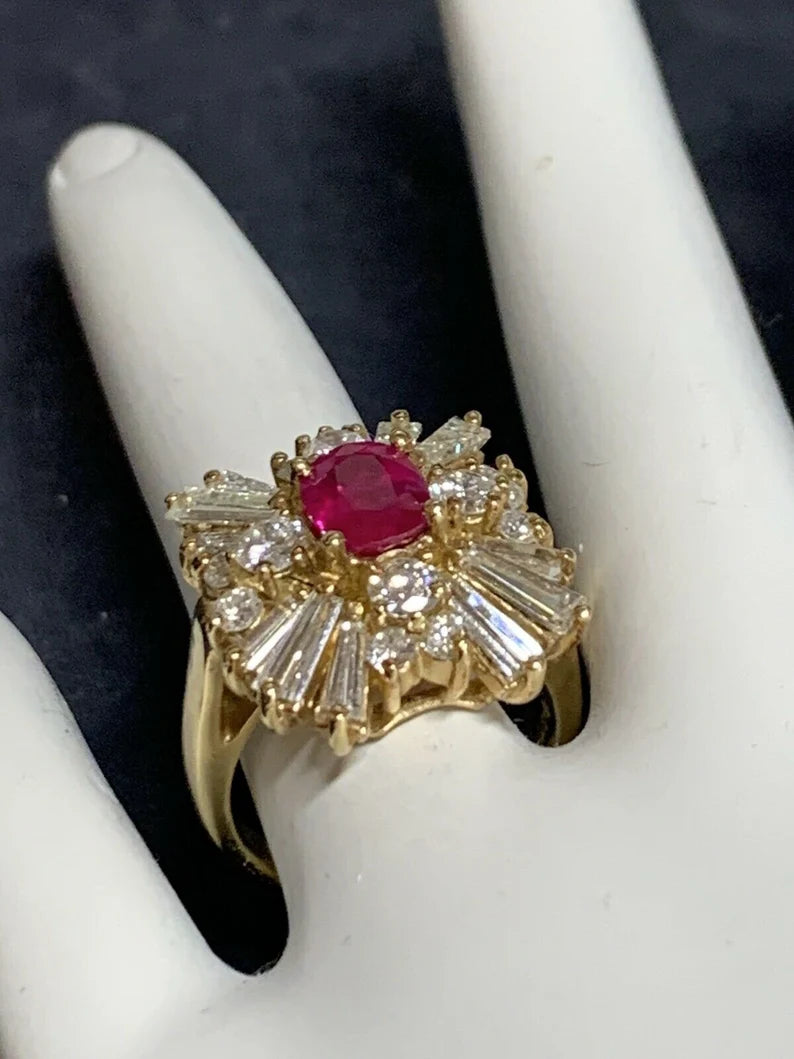 Retro Gold Cocktail Ring 4.5 Carat Natural Ruby & Baguette Diamond Circa 1960