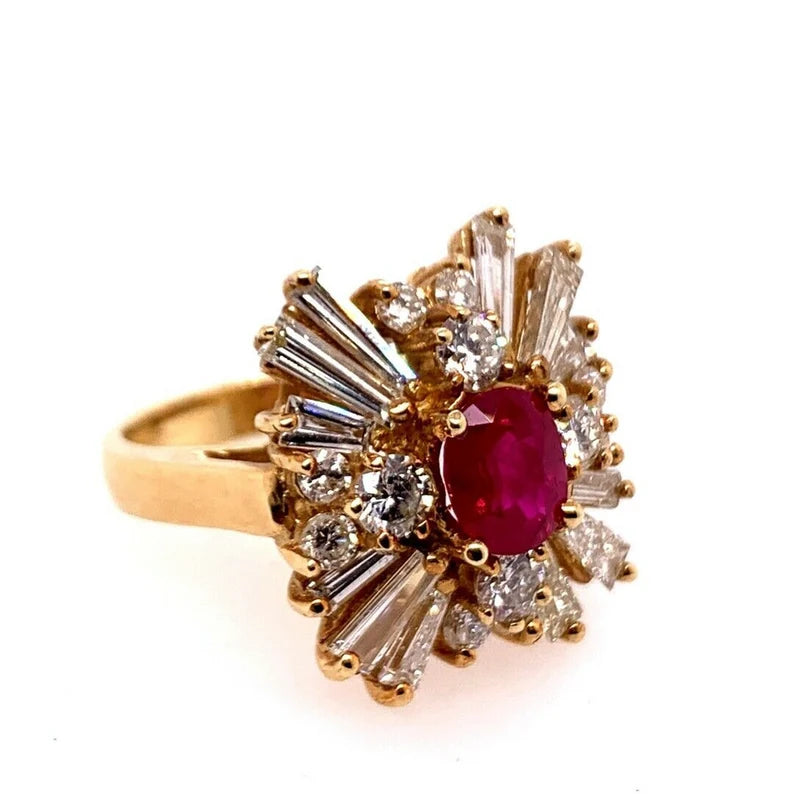 Retro Gold Cocktail Ring 4.5 Carat Natural Ruby & Baguette Diamond Circa 1960