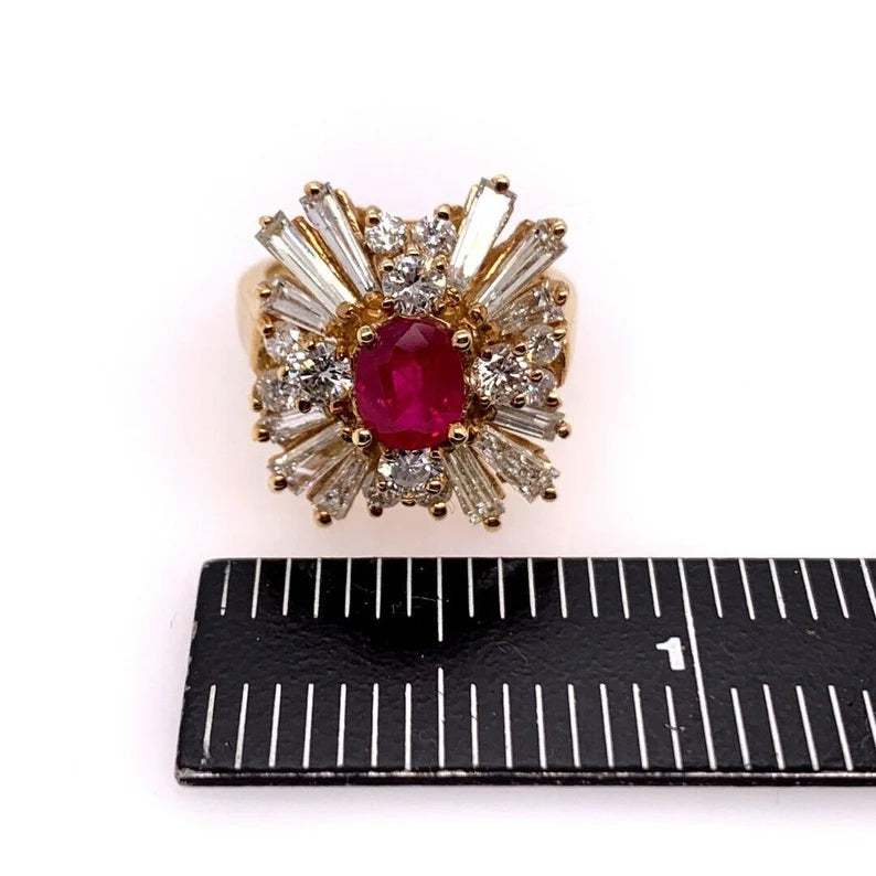 Retro Gold Cocktail Ring 4.5 Carat Natural Ruby & Baguette Diamond Circa 1960