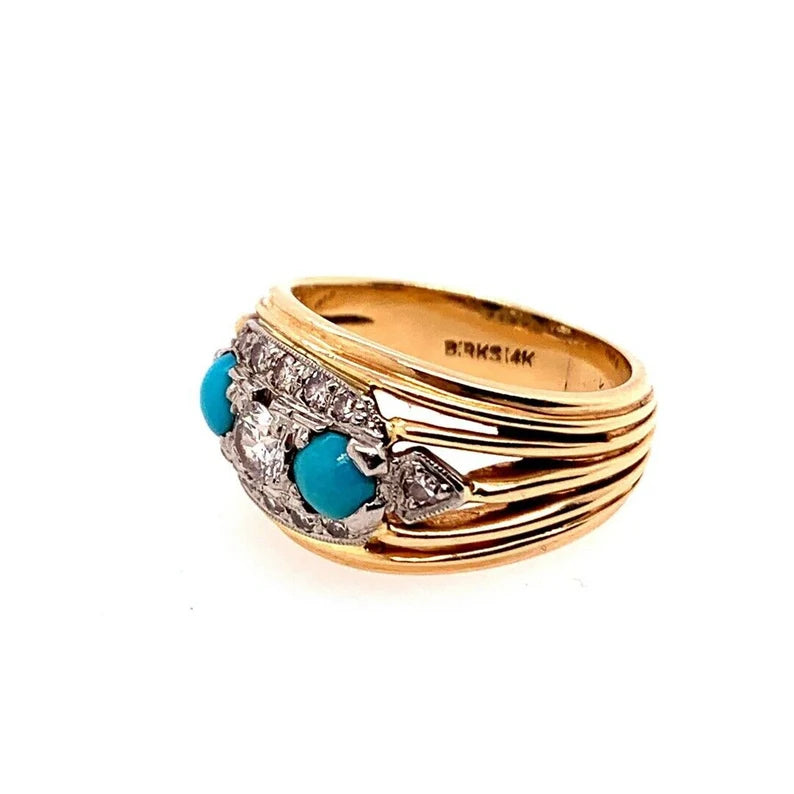 Retro Birks Gold Cocktail Ring 0.45 Carat Natural Diamond & Turquoise Circa 1960