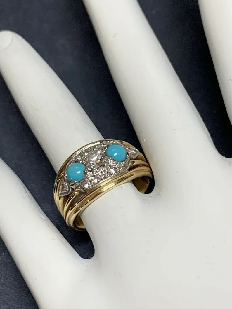 Retro Birks Gold Cocktail Ring 0.45 Carat Natural Diamond & Turquoise Circa 1960