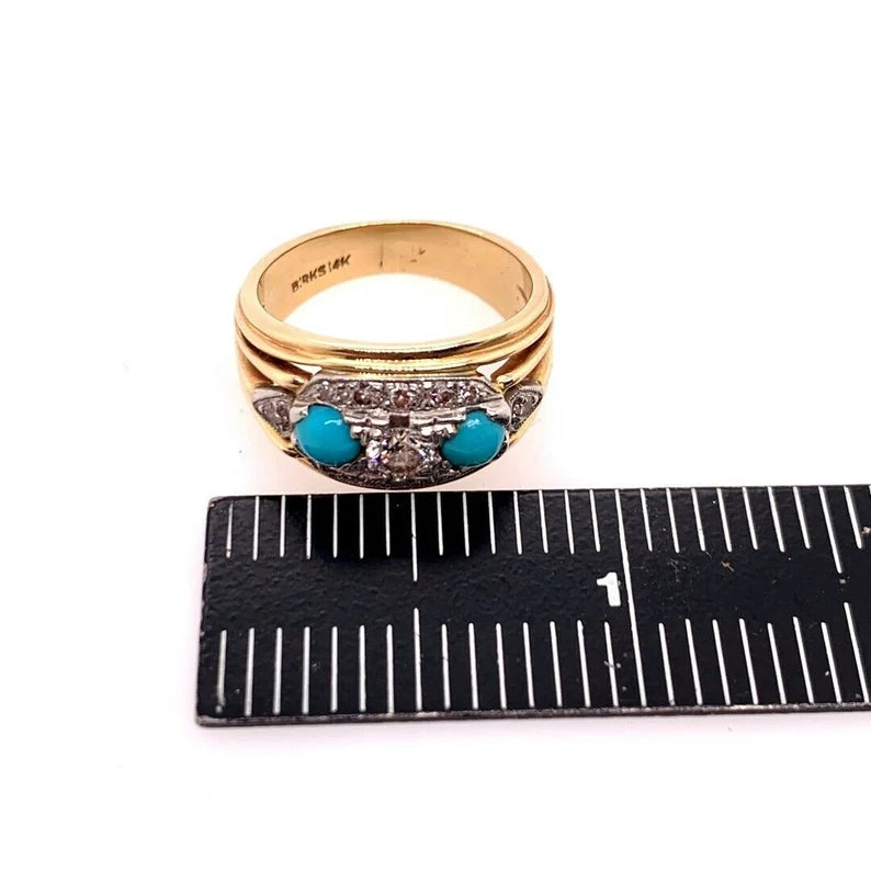Retro Birks Gold Cocktail Ring 0.45 Carat Natural Diamond & Turquoise Circa 1960