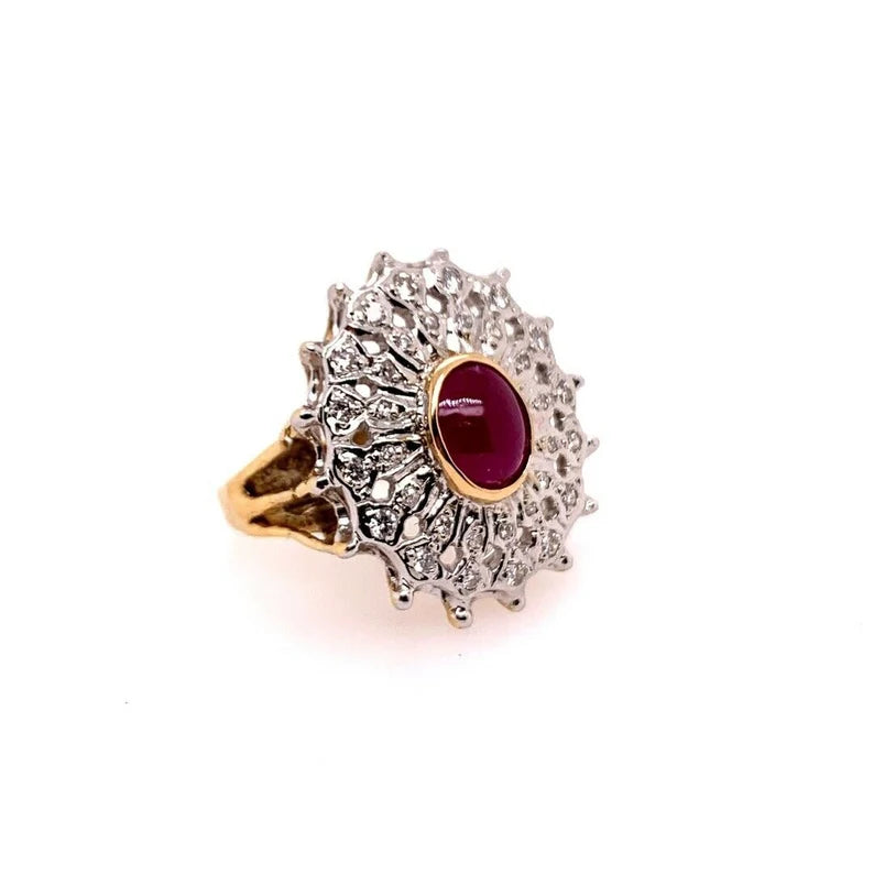 Retro Gold Cocktail Ring 2.40 Carat Natural Cabochon Ruby & Diamond Circa 1960