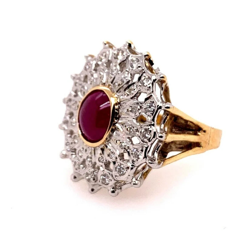 Retro Gold Cocktail Ring 2.40 Carat Natural Cabochon Ruby & Diamond Circa 1960