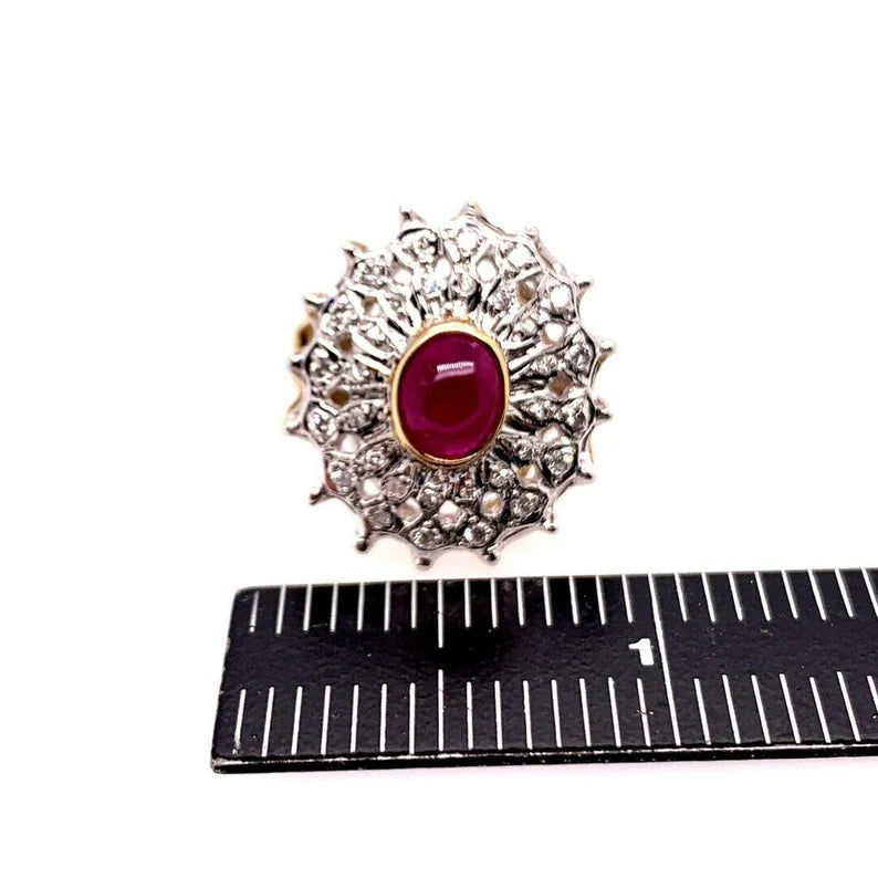 Retro Gold Cocktail Ring 2.40 Carat Natural Cabochon Ruby & Diamond Circa 1960