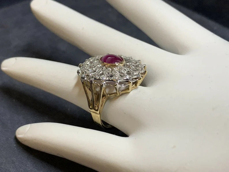 Retro Gold Cocktail Ring 2.40 Carat Natural Cabochon Ruby & Diamond Circa 1960