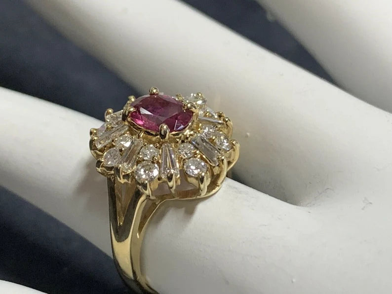 Retro Gold Cocktail Ring 1.85 Carat Natural Oval Gem Ruby & Diamond Circa 1960
