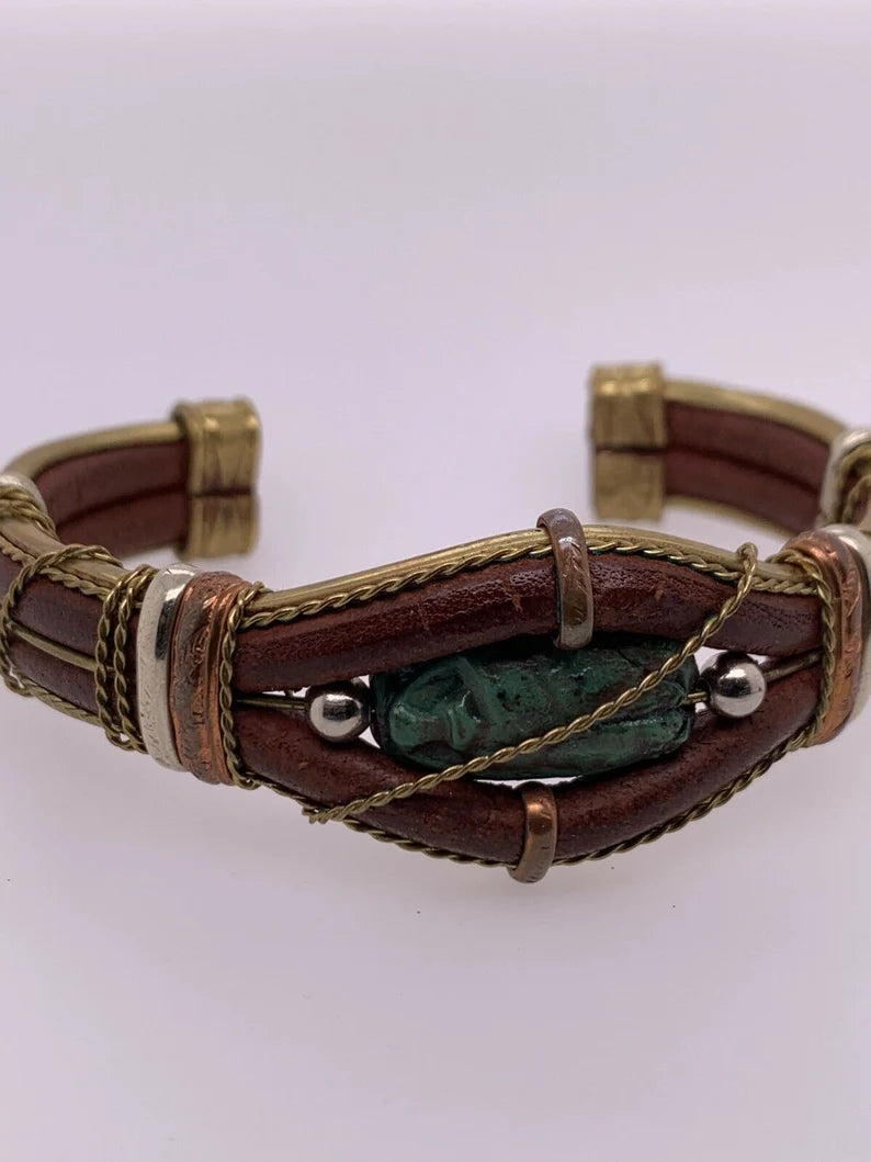 Mens Brown Leather Scarab Copper & Silver 925 Vintage Handmade Cuff Bracelet